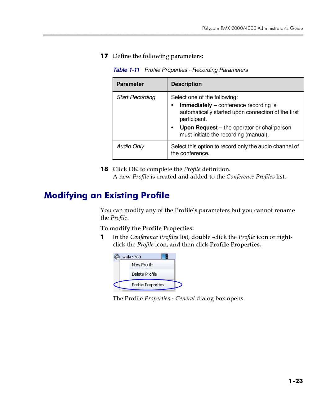 Polycom 2000/4000 manual Modifying an Existing Profile, To modify the Profile Properties, Parameter Description 