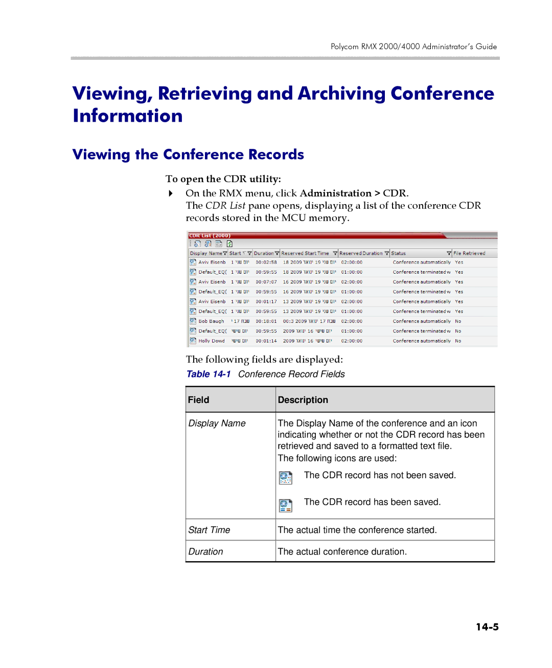 Polycom 2000/4000 manual Viewing, Retrieving and Archiving Conference Information, Viewing the Conference Records, 14-5 