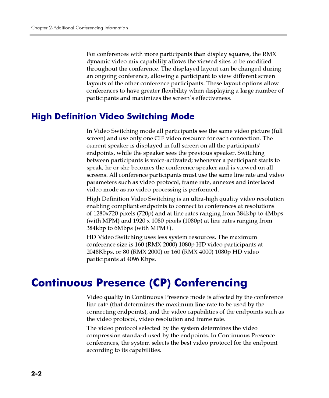 Polycom 2000/4000 manual Continuous Presence CP Conferencing, High Definition Video Switching Mode 