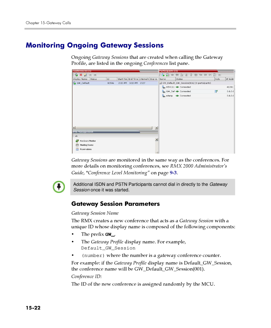 Polycom 2000/4000 manual Monitoring Ongoing Gateway Sessions, Gateway Session Parameters, 15-22 