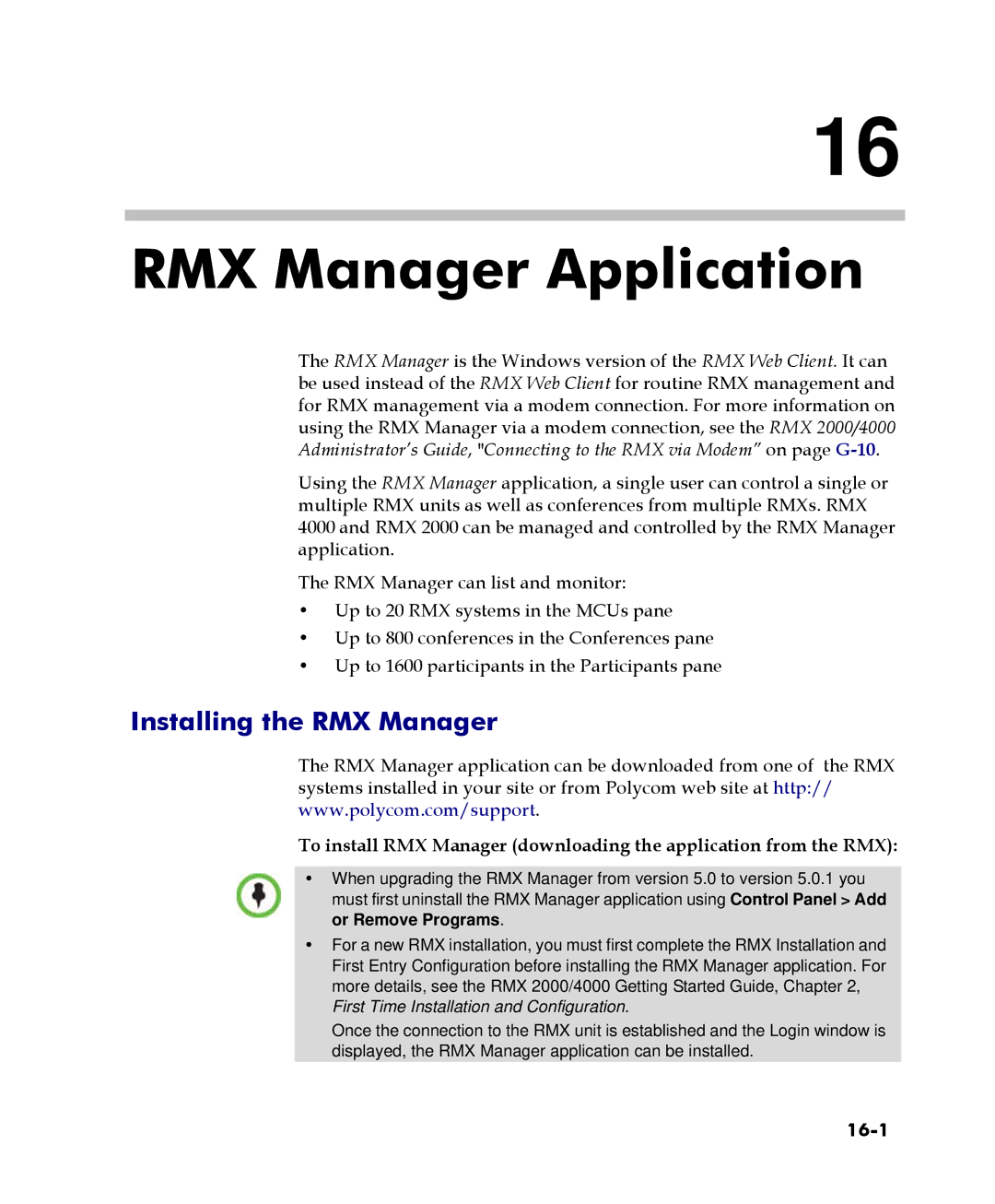 Polycom 2000/4000 manual Installing the RMX Manager, 16-1 