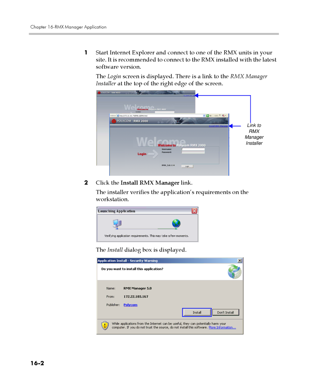 Polycom 2000/4000 manual Click the Install RMX Manager link, 16-2 