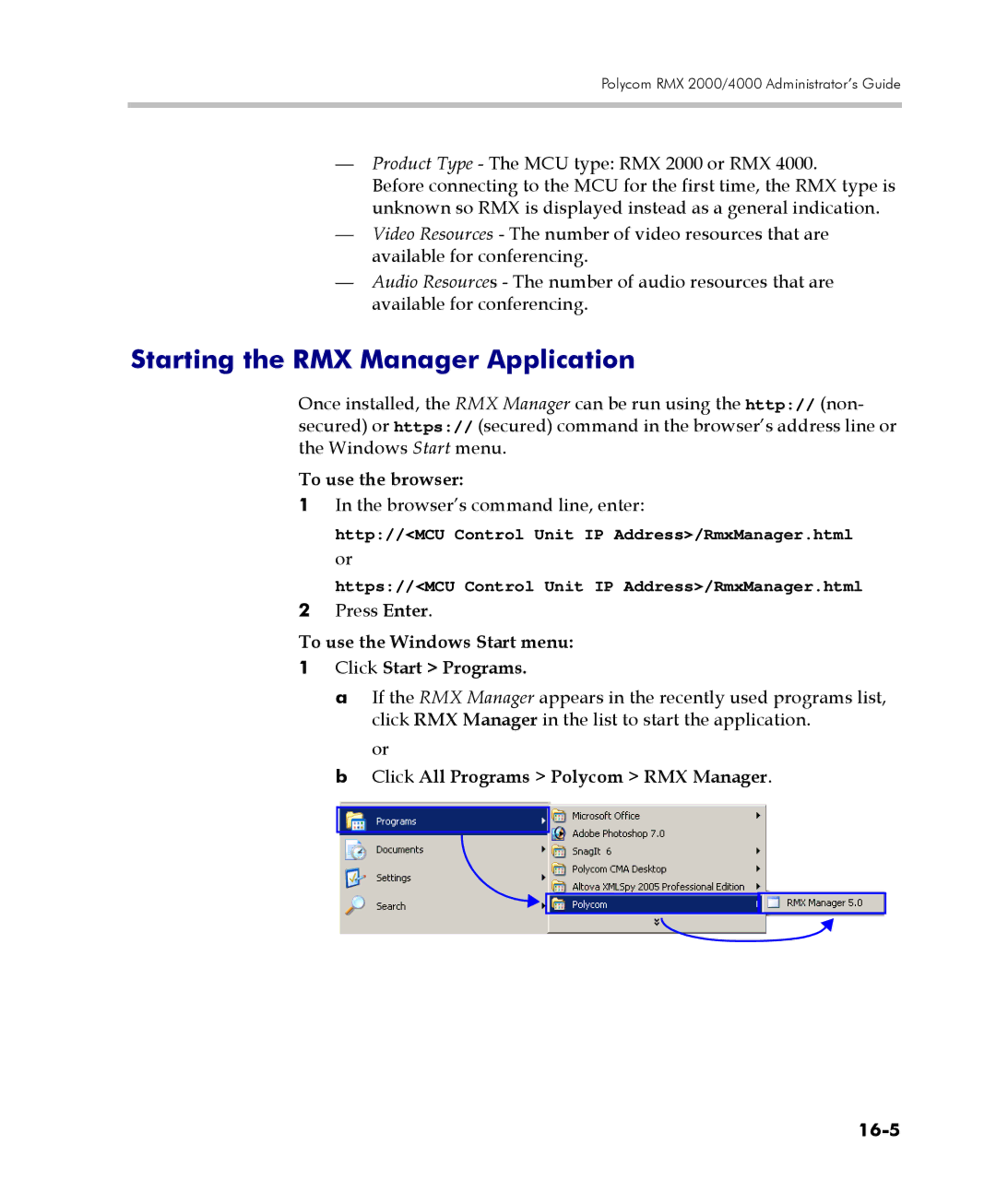 Polycom 2000/4000 Starting the RMX Manager Application, To use the browser, Click All Programs Polycom RMX Manager, 16-5 