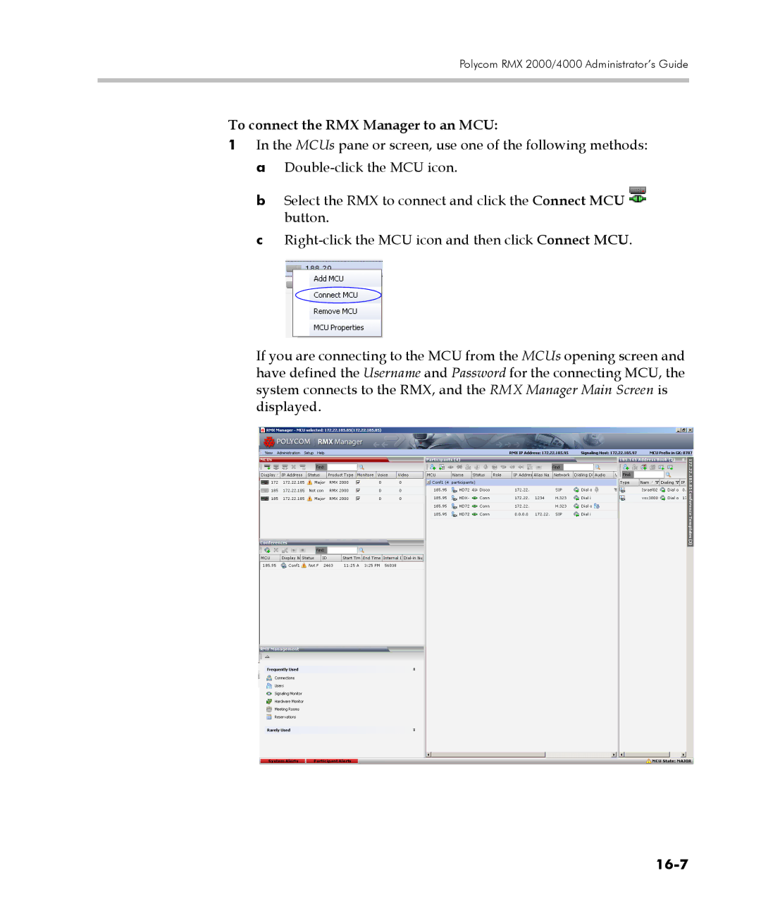 Polycom 2000/4000 manual To connect the RMX Manager to an MCU, 16-7 