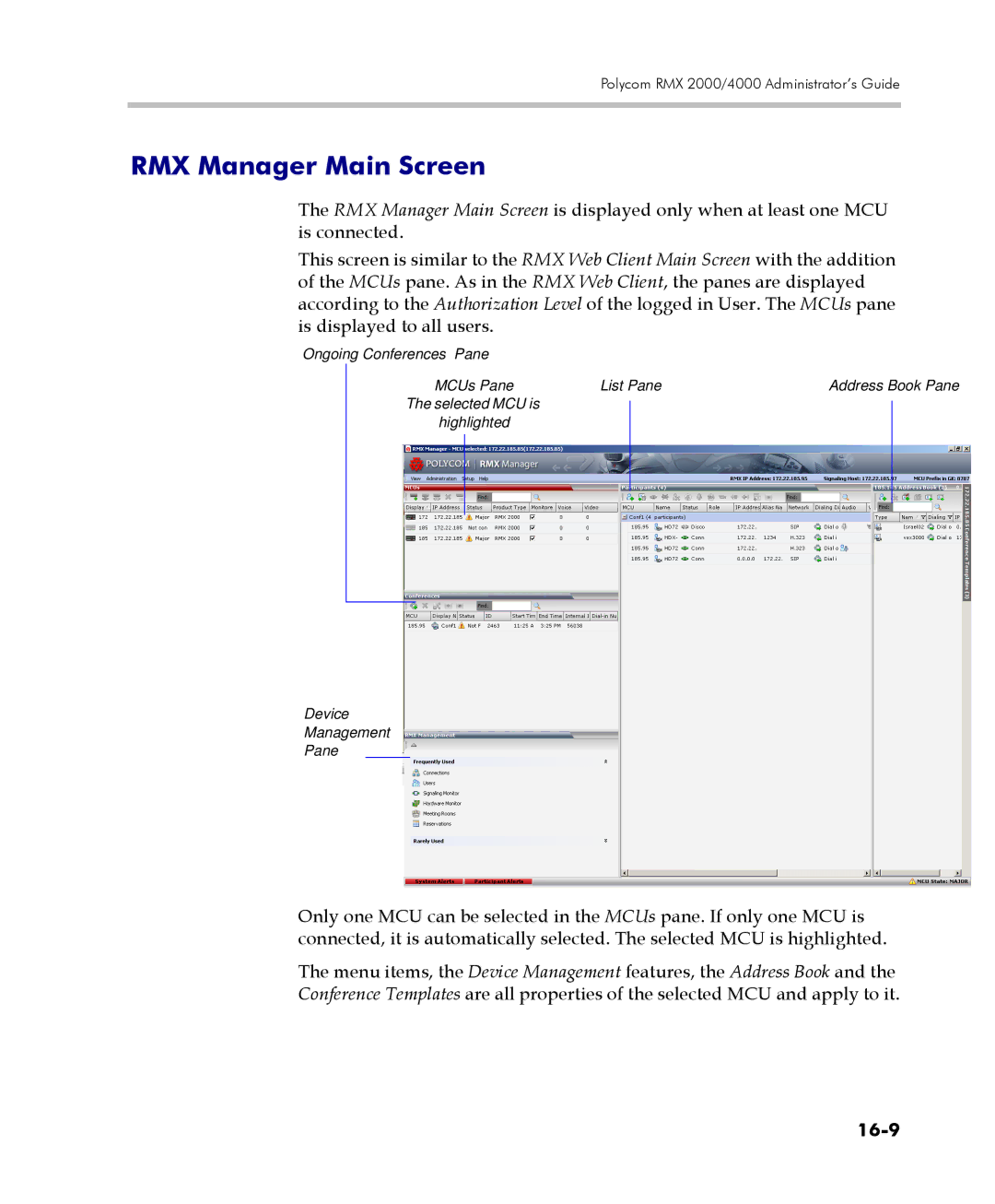 Polycom 2000/4000 manual RMX Manager Main Screen, 16-9 