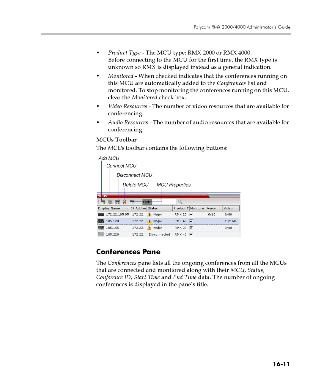 Polycom 2000/4000 manual Conferences Pane, MCUs Toolbar, MCUs toolbar contains the following buttons, 16-11 