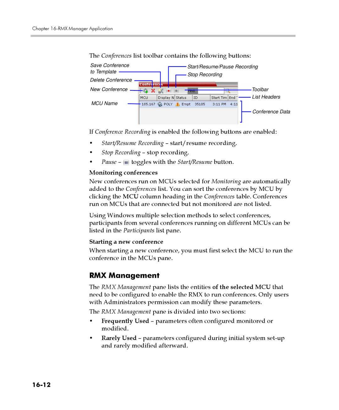 Polycom 2000/4000 RMX Management, Conferences list toolbar contains the following buttons, Monitoring conferences, 16-12 