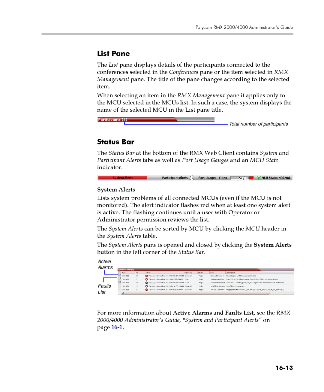 Polycom 2000/4000 manual List Pane, Status Bar, System Alerts, 16-13 