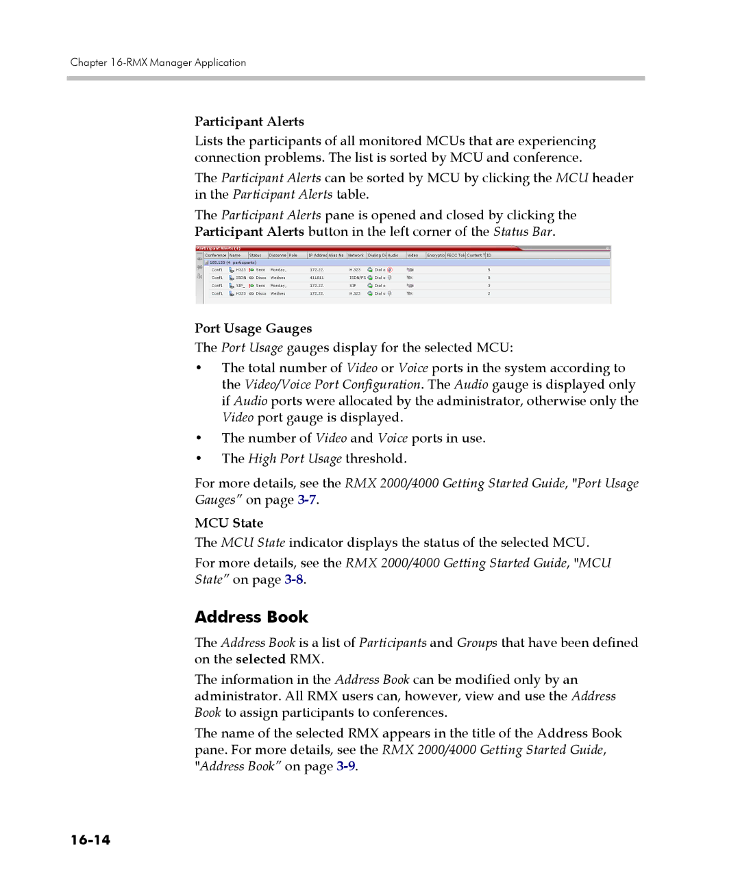 Polycom 2000/4000 manual Address Book, Participant Alerts, Port Usage Gauges, MCU State, 16-14 