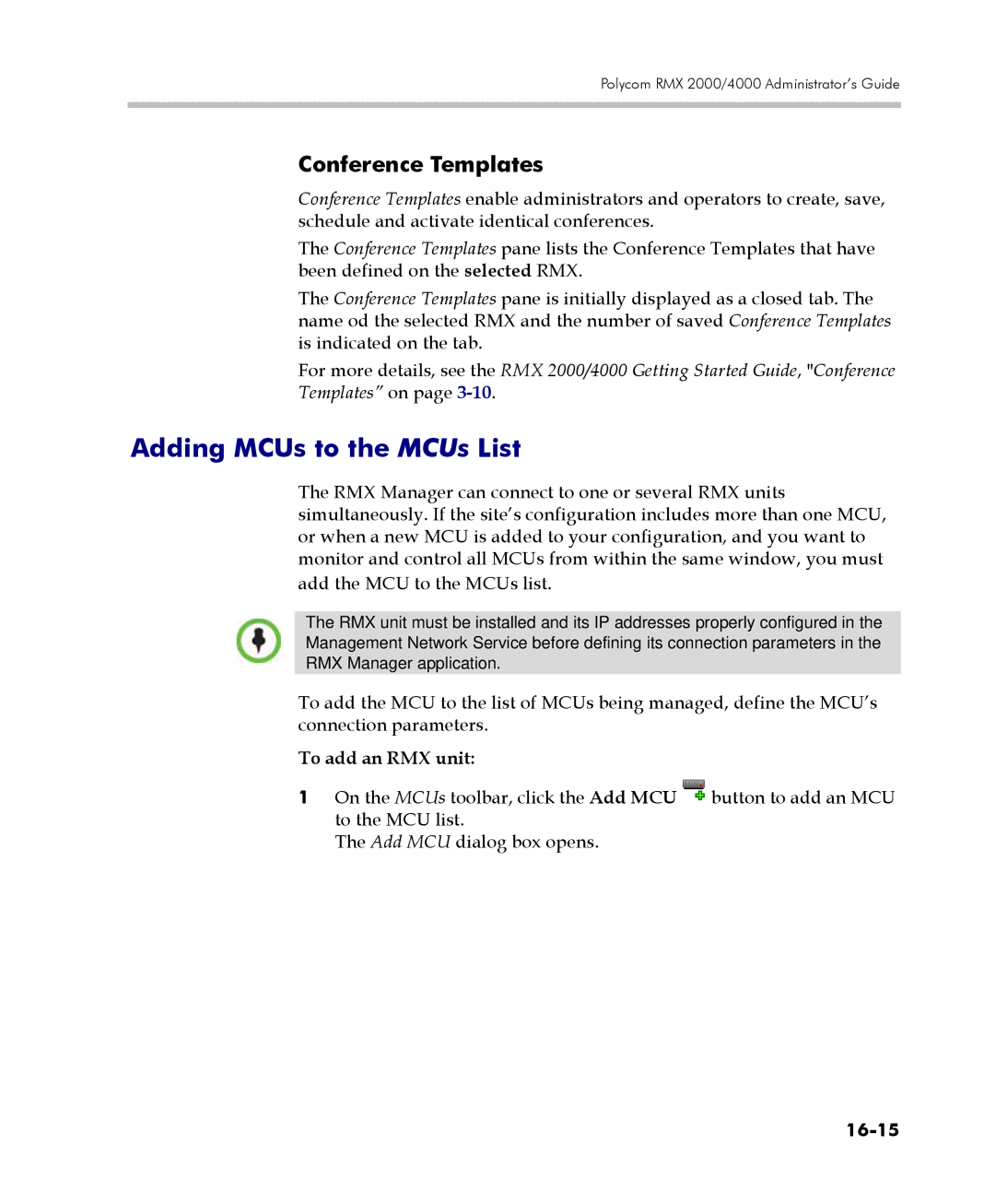 Polycom 2000/4000 manual Adding MCUs to the MCUs List, Conference Templates, To add an RMX unit, 16-15 