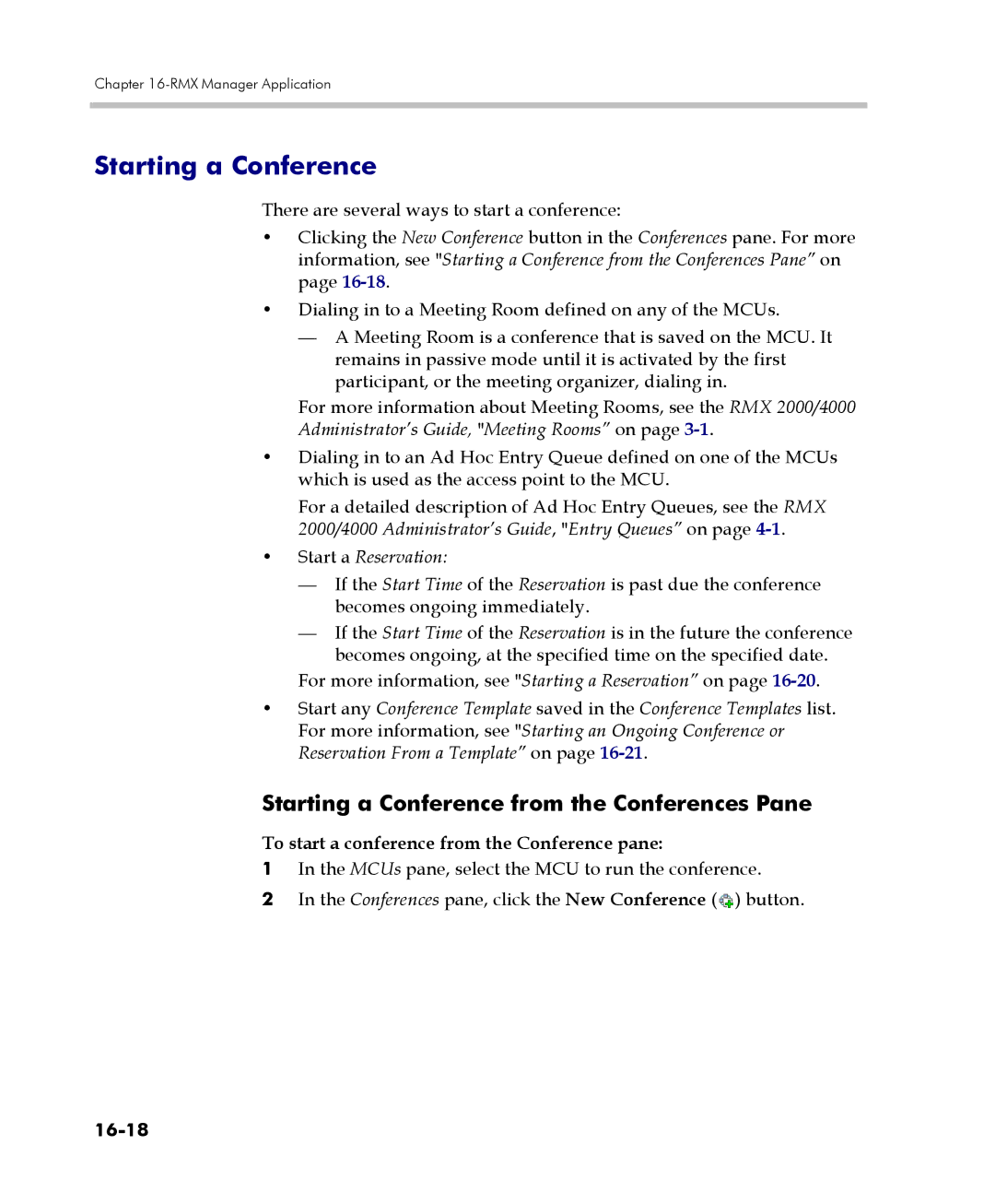 Polycom 2000/4000 Starting a Conference from the Conferences Pane, Administrator’s Guide, Meeting Rooms on, 16-18 