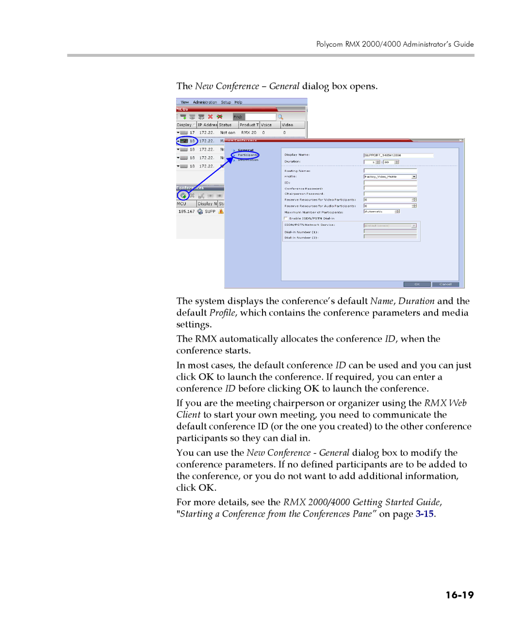 Polycom 2000/4000 manual New Conference General dialog box opens, 16-19 