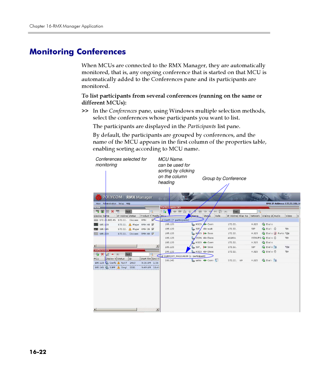 Polycom 2000/4000 manual Monitoring Conferences, 16-22 