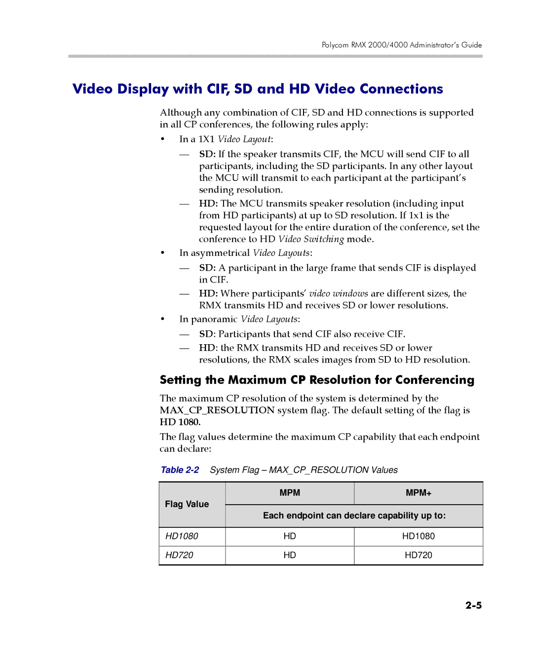 Polycom 2000/4000 Video Display with CIF, SD and HD Video Connections, Setting the Maximum CP Resolution for Conferencing 