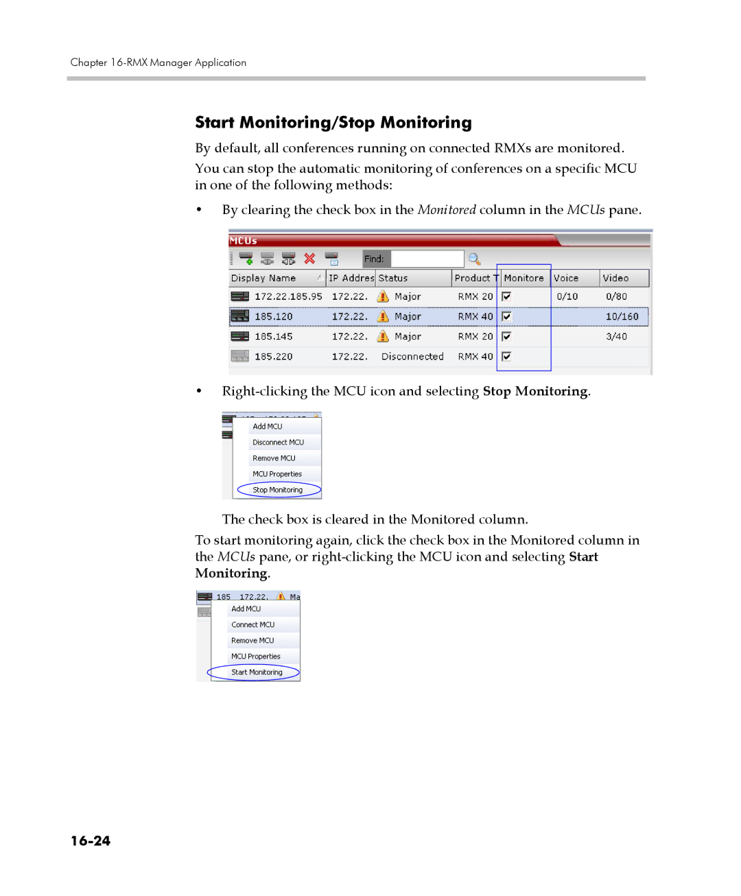 Polycom 2000/4000 manual Start Monitoring/Stop Monitoring, 16-24 