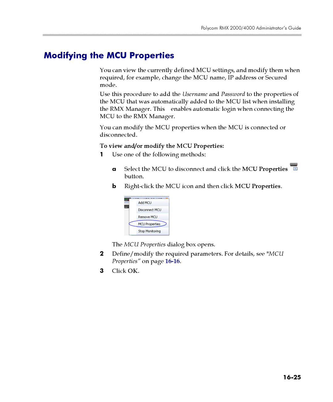 Polycom 2000/4000 manual Modifying the MCU Properties, To view and/or modify the MCU Properties, 16-25 