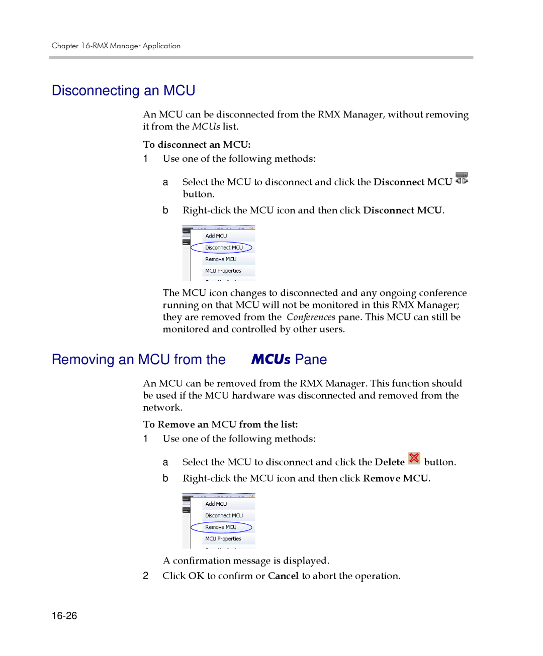 Polycom 2000/4000 manual Disconnecting an MCU, Removing an MCU from the MCUs Pane, To disconnect an MCU, 16-26 