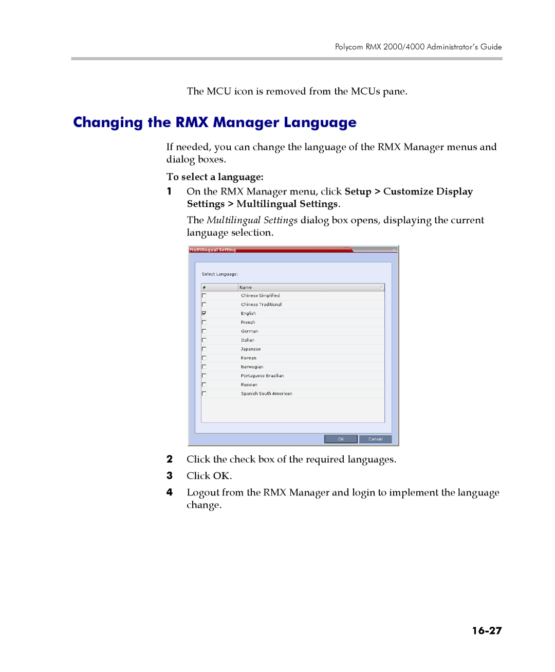 Polycom 2000/4000 Changing the RMX Manager Language, MCU icon is removed from the MCUs pane, To select a language, 16-27 