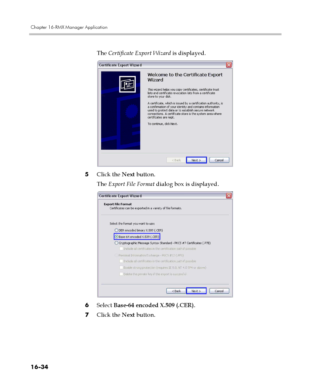 Polycom 2000/4000 manual Certificate Export Wizard is displayed, Select Base-64 encoded X.509 .CER, 16-34 