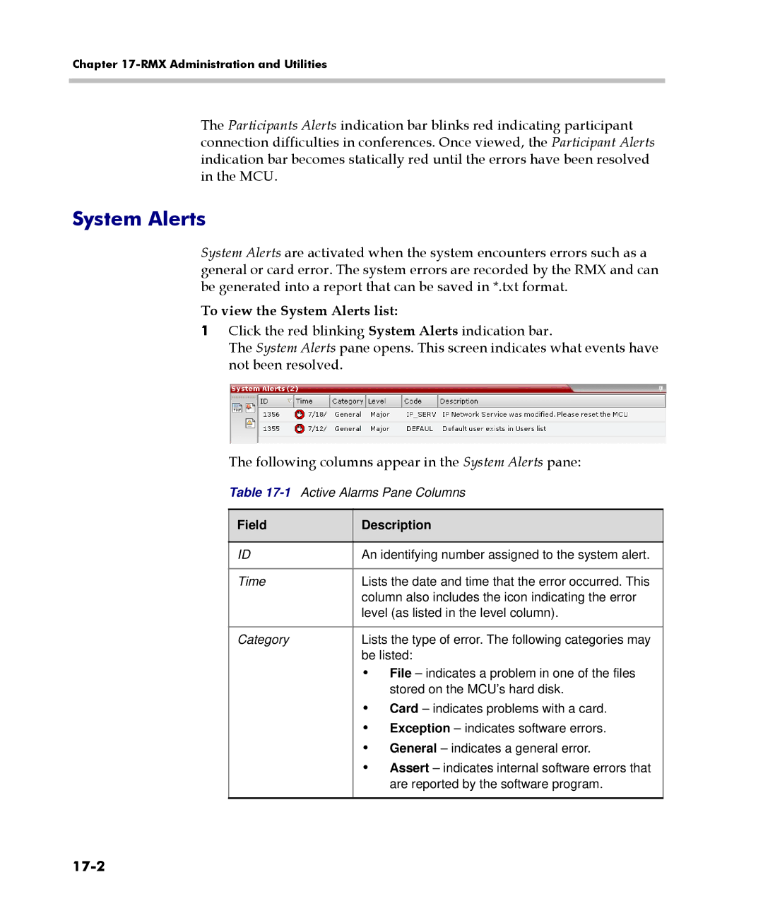 Polycom 2000/4000 manual To view the System Alerts list, 17-2 