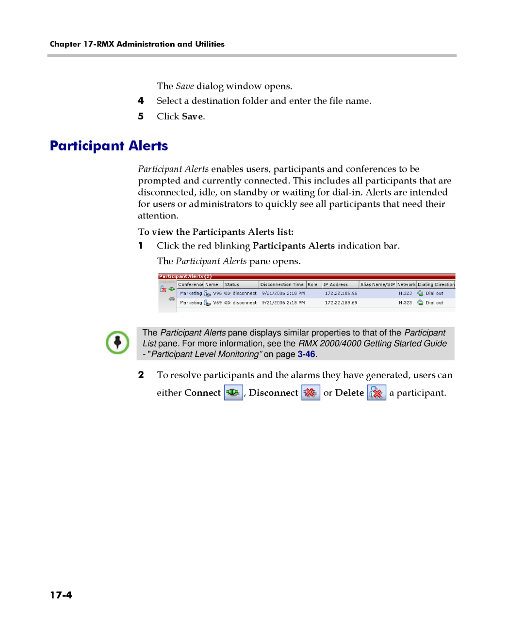 Polycom 2000/4000 manual Participant Alerts, To view the Participants Alerts list, 17-4 