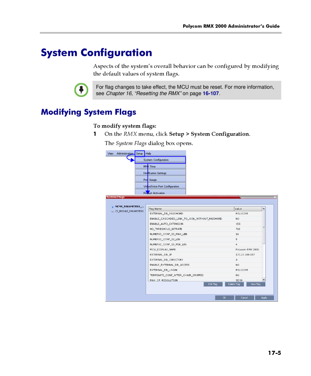 Polycom 2000/4000 manual System Configuration, Modifying System Flags, 17-5 