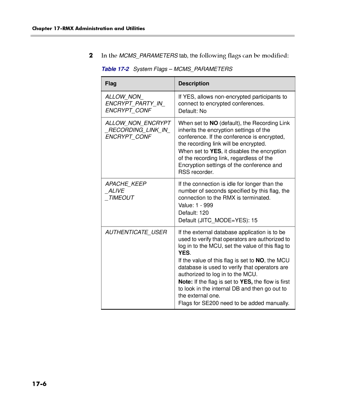 Polycom 2000/4000 manual Mcmsparameters tab, the following flags can be modified, 17-6 