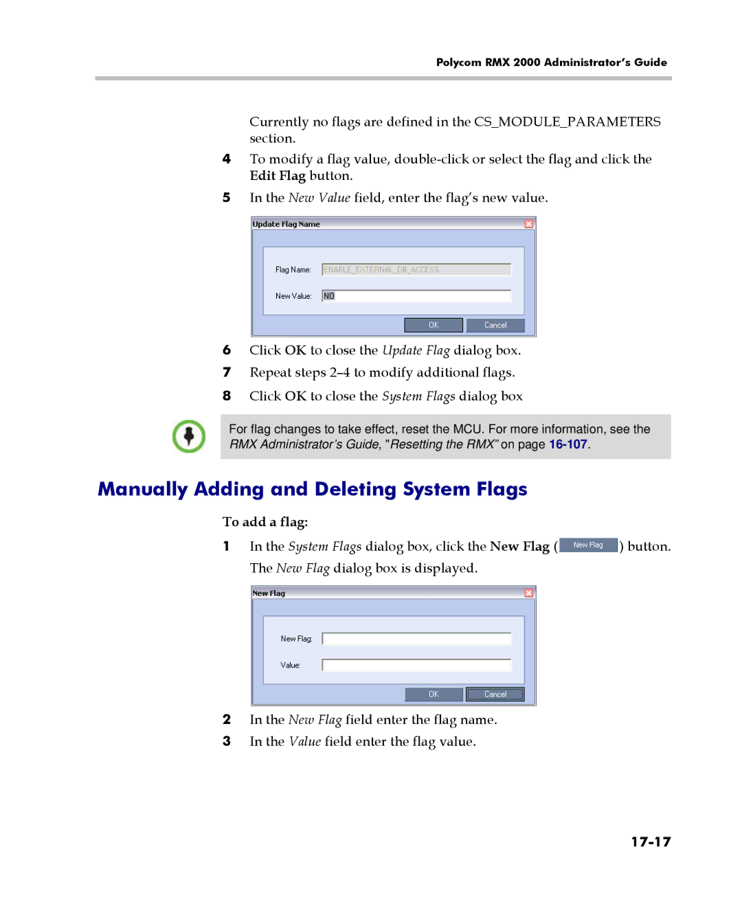 Polycom 2000/4000 manual Manually Adding and Deleting System Flags, To add a flag, 17-17 