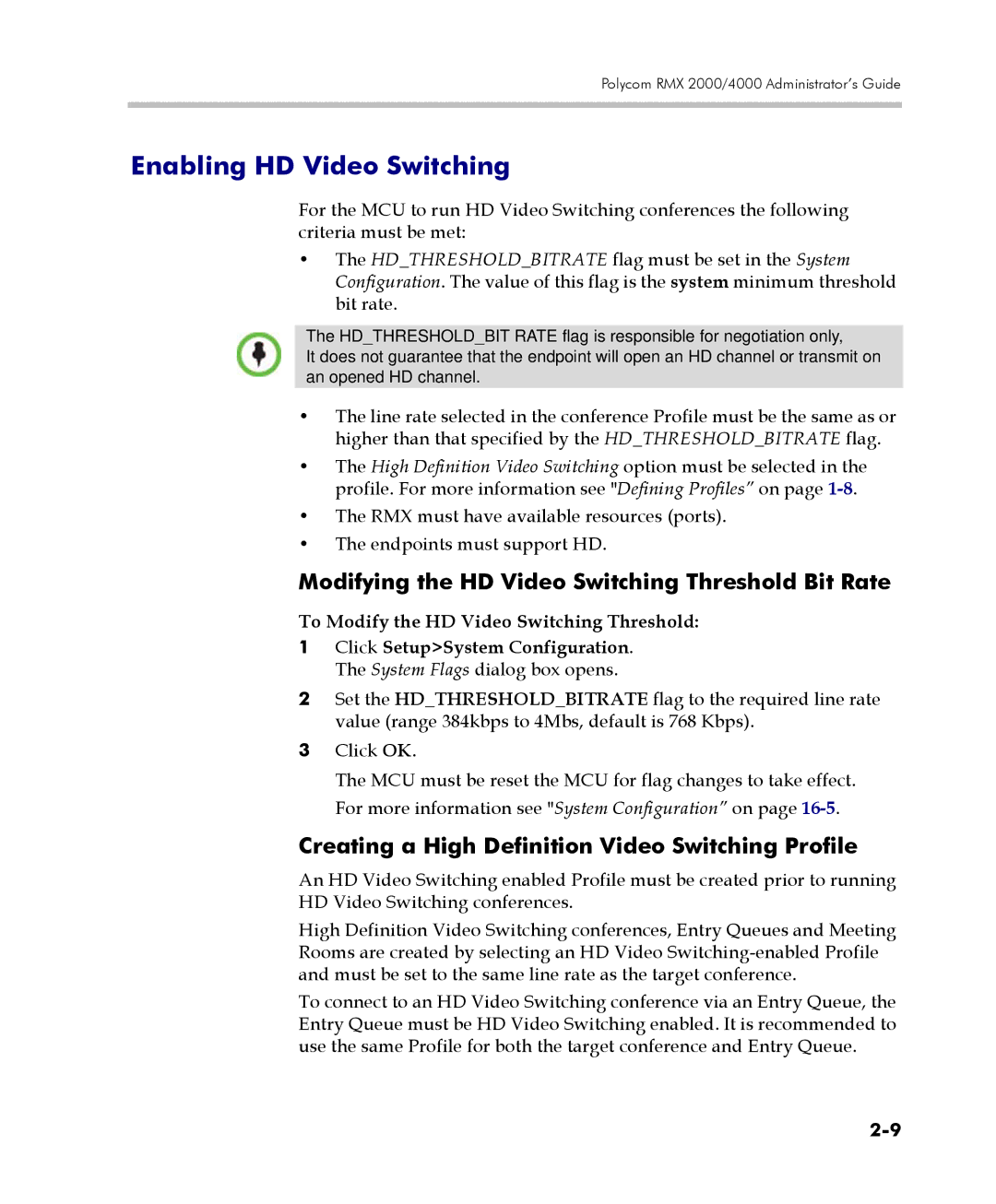 Polycom 2000/4000 manual Enabling HD Video Switching, Modifying the HD Video Switching Threshold Bit Rate 