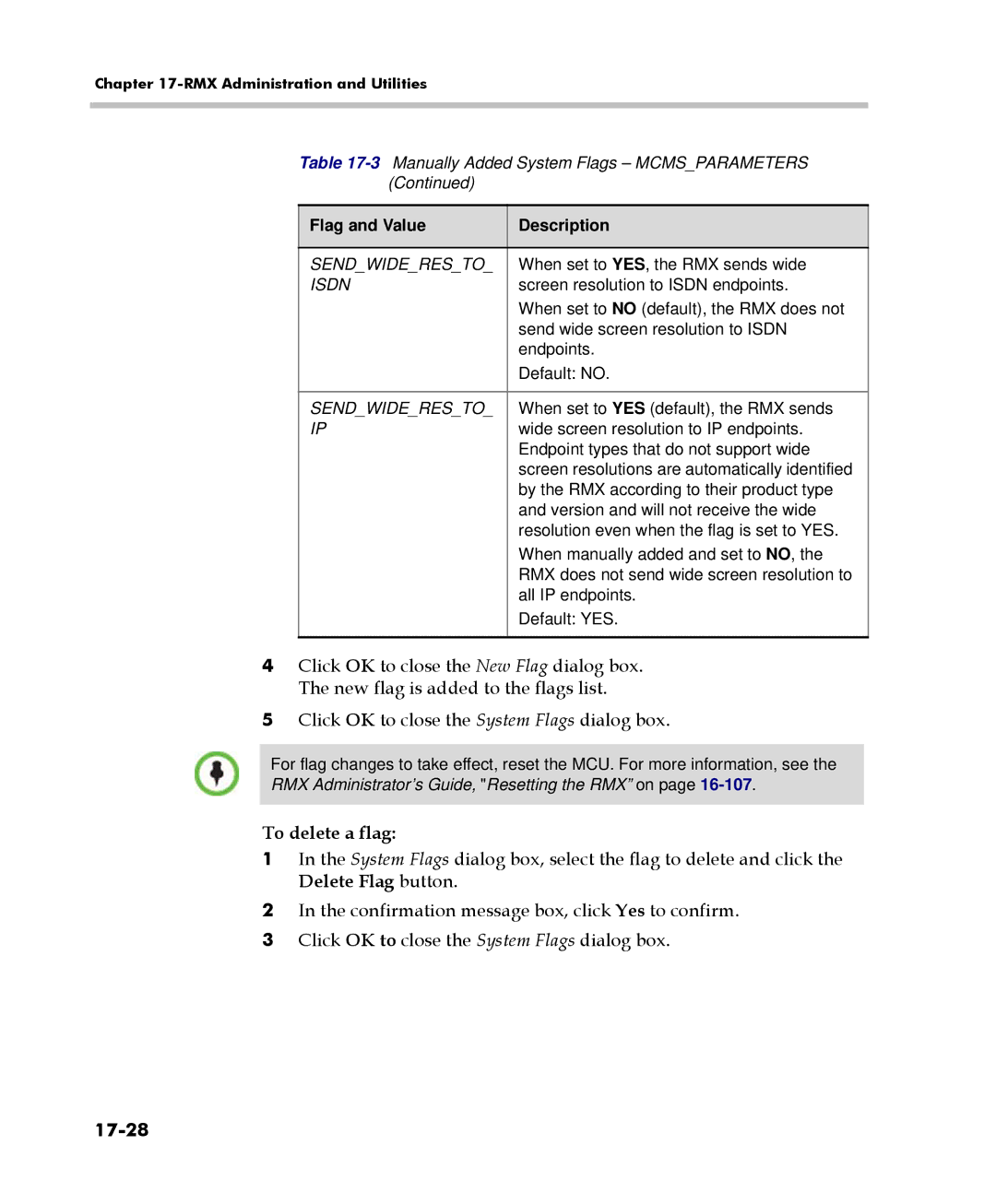 Polycom 2000/4000 manual To delete a flag, 17-28, Sendwideresto 