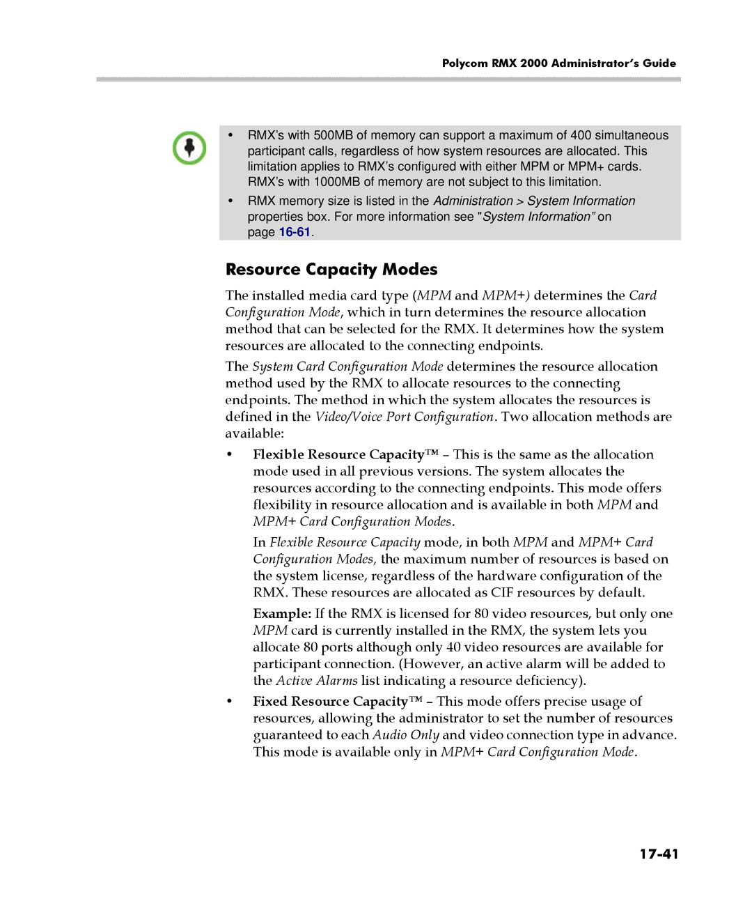 Polycom 2000/4000 manual Resource Capacity Modes, 17-41 