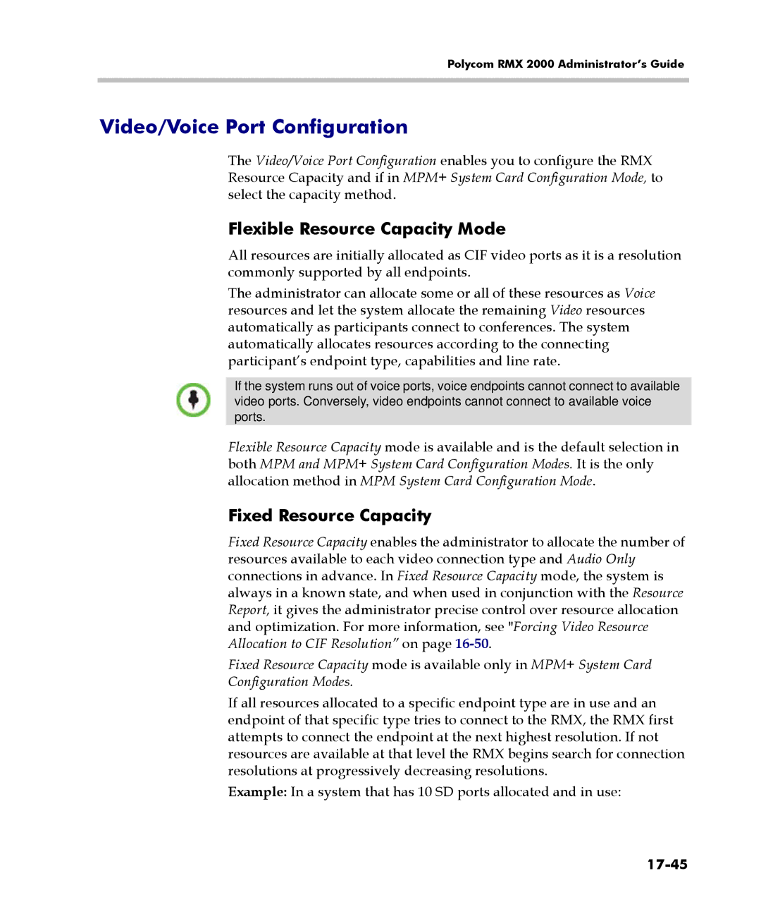 Polycom 2000/4000 manual Video/Voice Port Configuration, Flexible Resource Capacity Mode, Fixed Resource Capacity, 17-45 