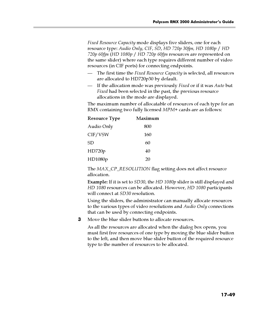 Polycom 2000/4000 manual Resource Type Maximum, Audio Only, 17-49 
