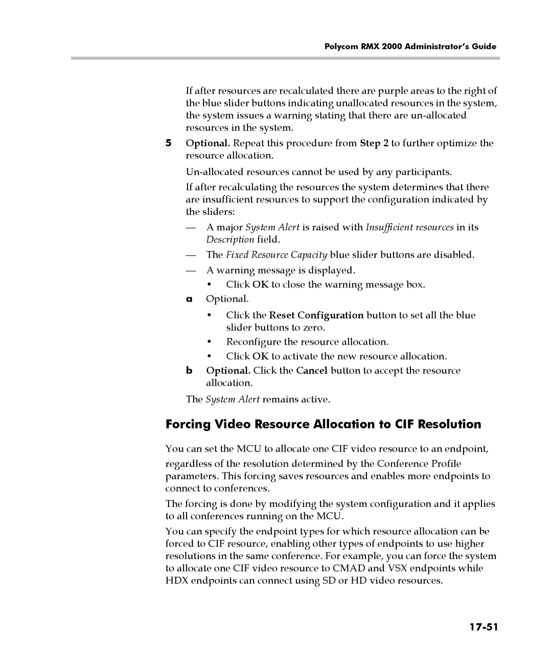 Polycom 2000/4000 manual Forcing Video Resource Allocation to CIF Resolution, 17-51 