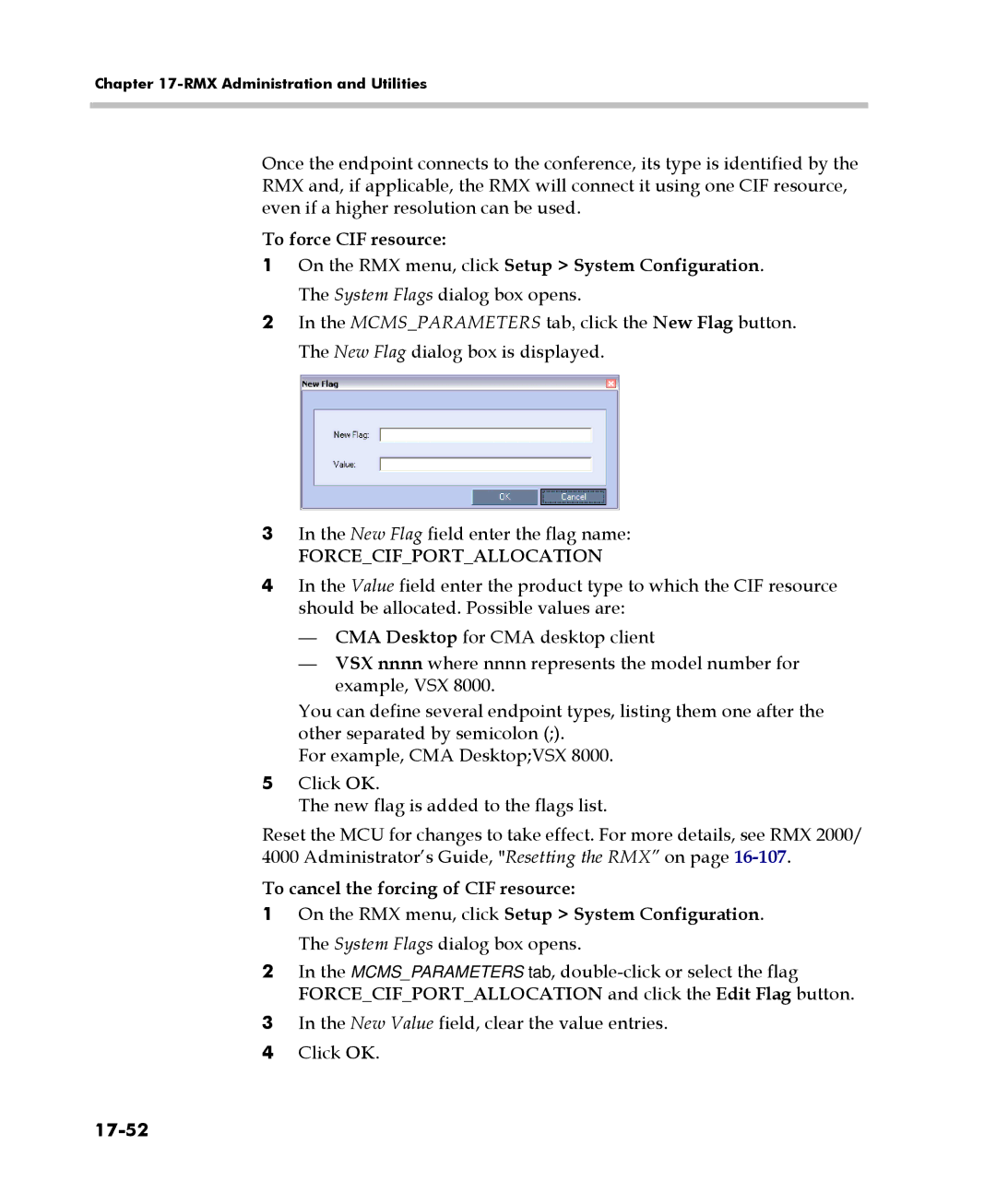 Polycom 2000/4000 manual To force CIF resource, To cancel the forcing of CIF resource, 17-52 