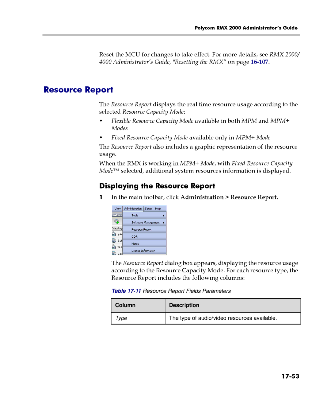 Polycom 2000/4000 Displaying the Resource Report, Main toolbar, click Administration Resource Report, 17-53, Type 