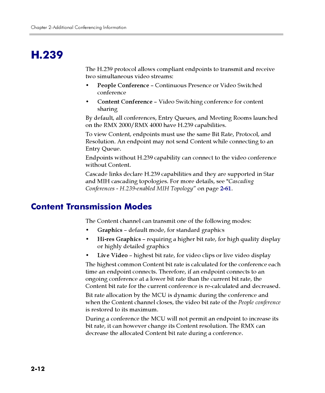 Polycom 2000/4000 manual 239, Content Transmission Modes 