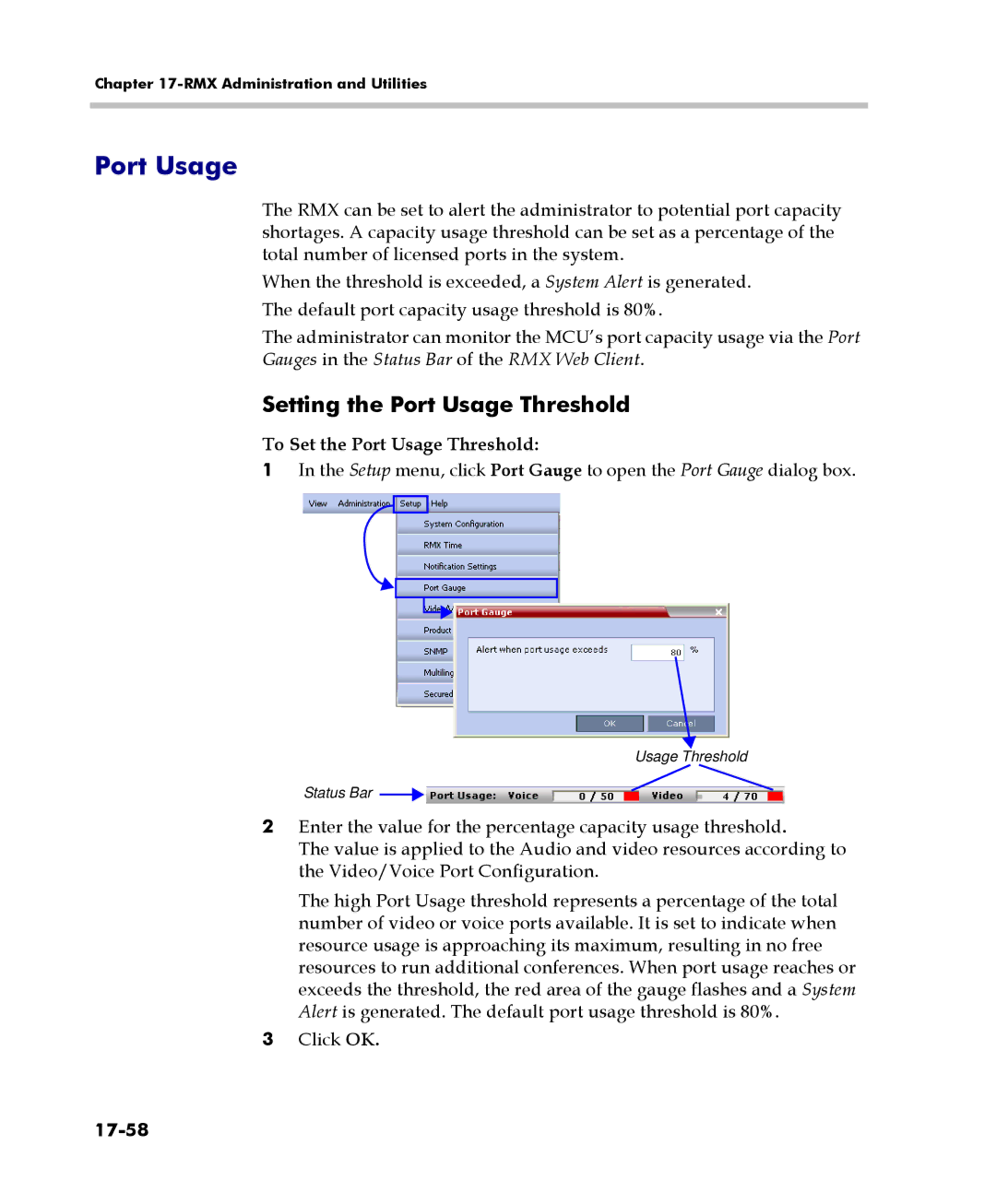 Polycom 2000/4000 manual Setting the Port Usage Threshold, To Set the Port Usage Threshold, 17-58 