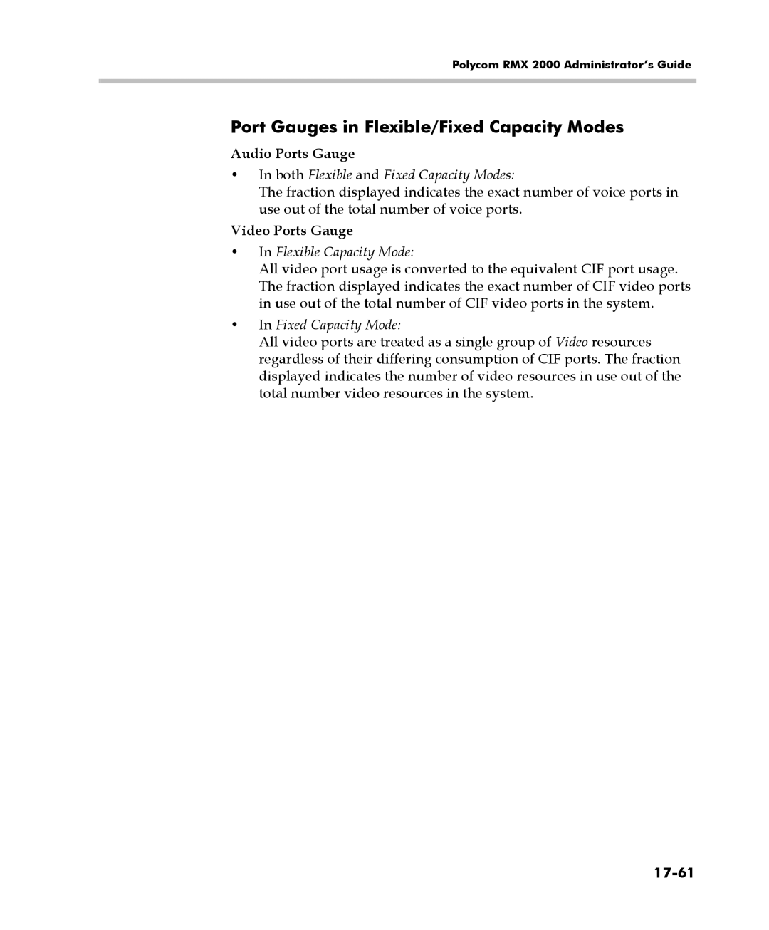 Polycom 2000/4000 manual Port Gauges in Flexible/Fixed Capacity Modes, Audio Ports Gauge, Video Ports Gauge, 17-61 