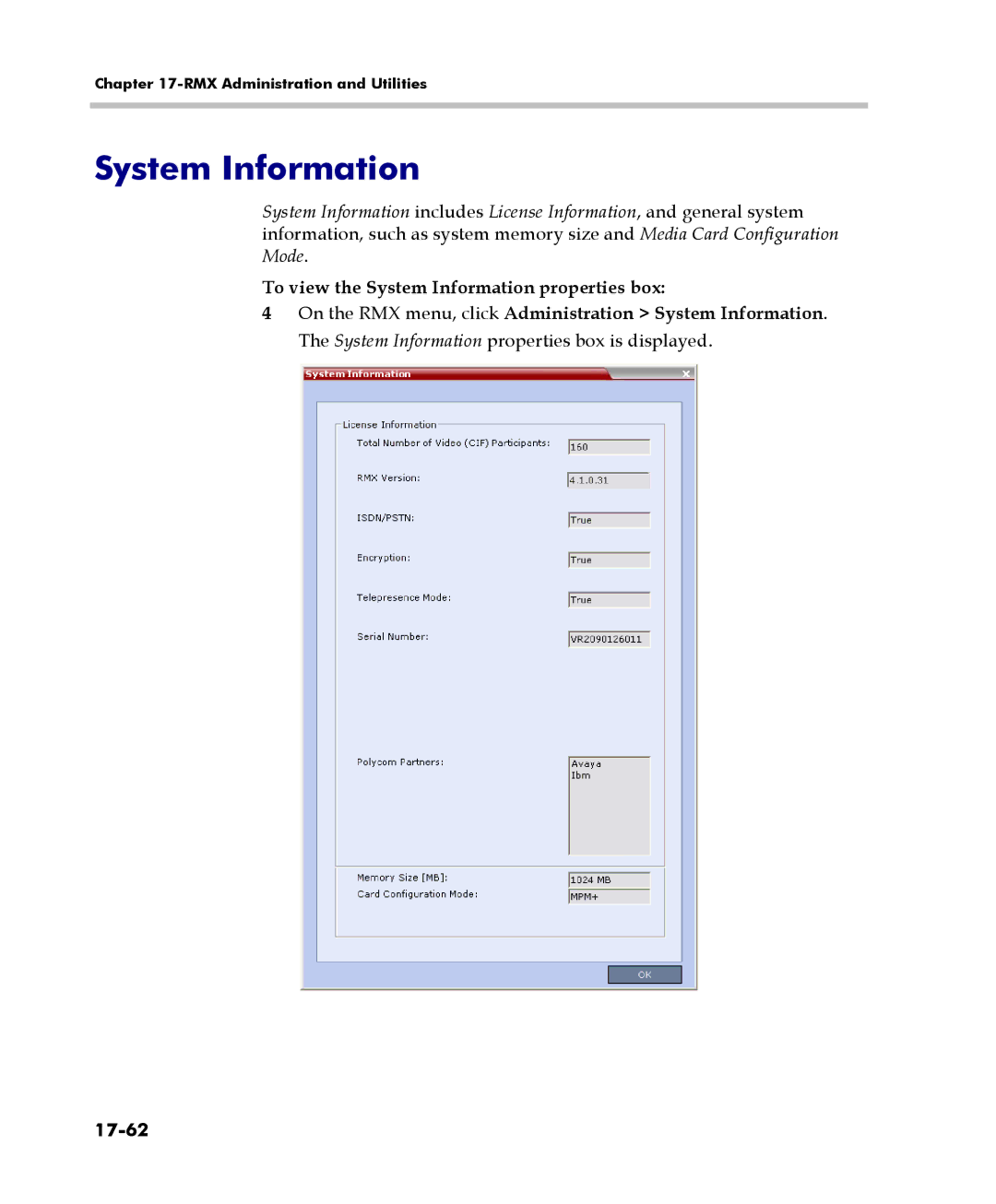 Polycom 2000/4000 manual To view the System Information properties box, 17-62 