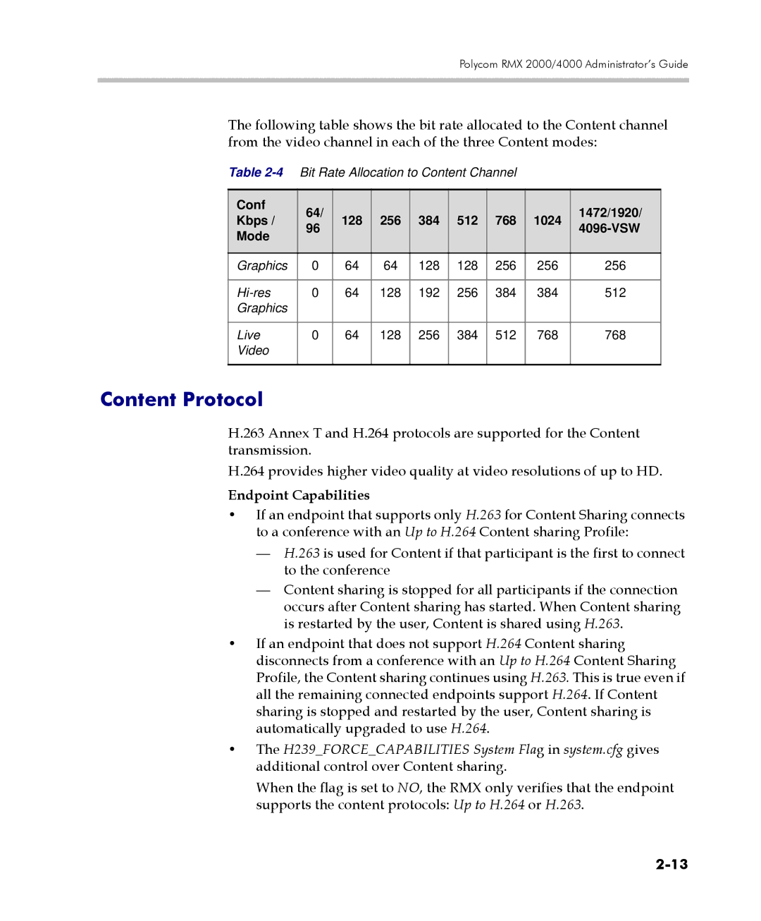 Polycom 2000/4000 manual Content Protocol, Endpoint Capabilities 