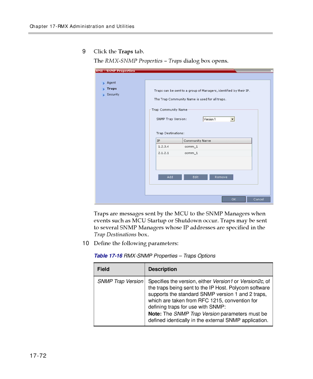 Polycom 2000/4000 manual Click the Traps tab, RMX-SNMP Properties Traps dialog box opens, 17-72 