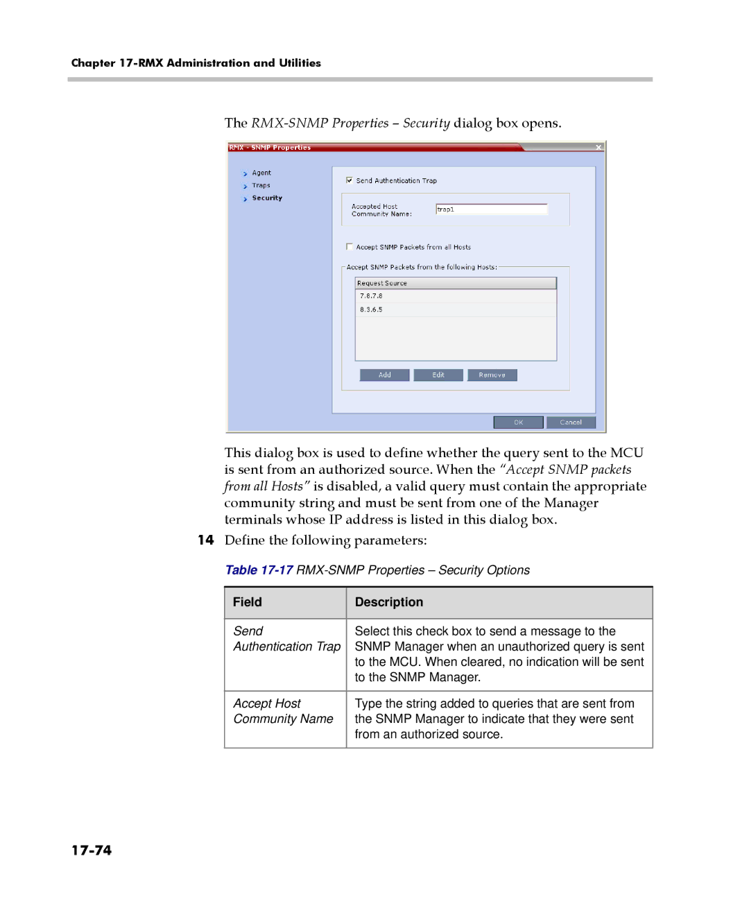 Polycom 2000/4000 manual RMX-SNMP Properties Security dialog box opens, 17-74 