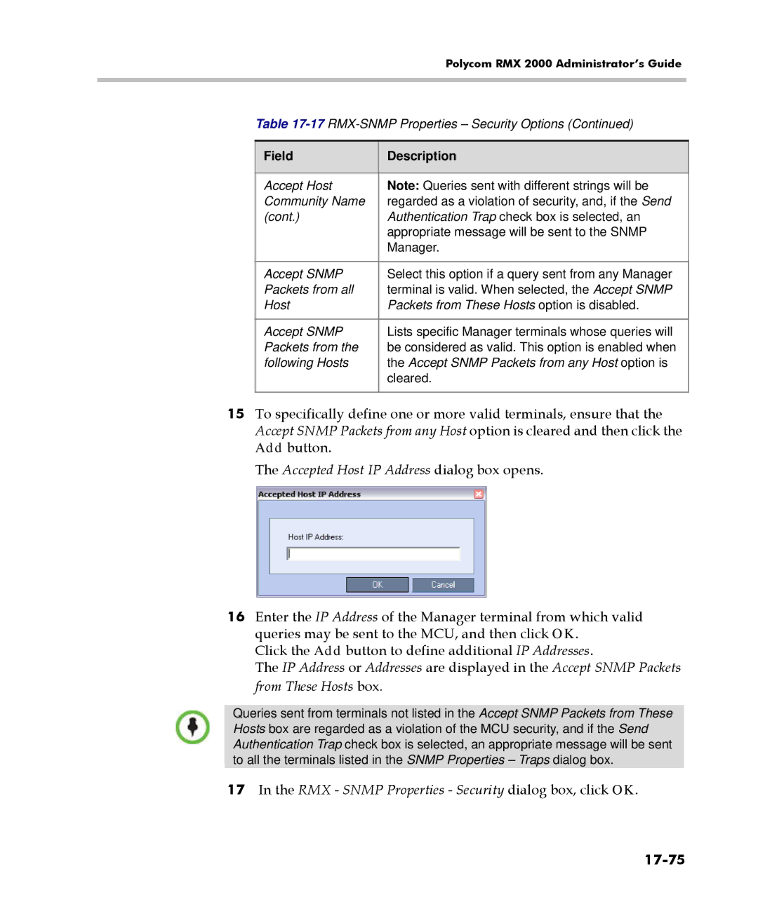 Polycom 2000/4000 Accepted Host IP Address dialog box opens, RMX Snmp Properties Security dialog box, click OK, 17-75 