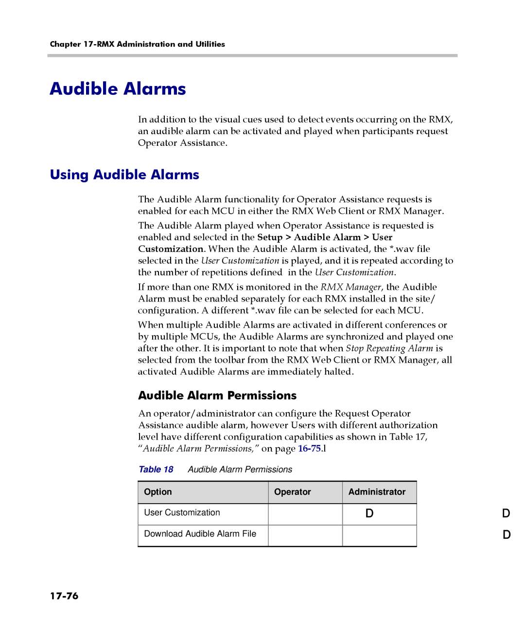 Polycom 2000/4000 manual Using Audible Alarms, Audible Alarm Permissions, 17-76 