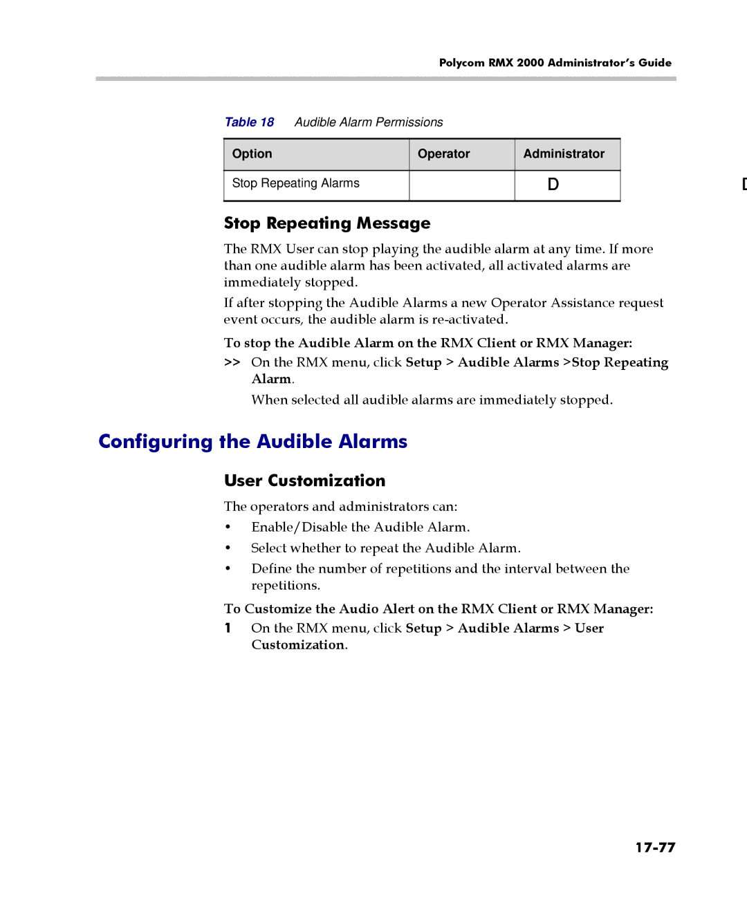 Polycom 2000/4000 manual Configuring the Audible Alarms, Stop Repeating Message, User Customization, 17-77 