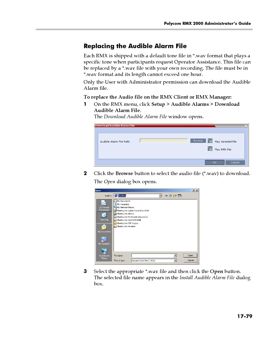 Polycom 2000/4000 manual Replacing the Audible Alarm File, Download Audible Alarm File window opens, 17-79 