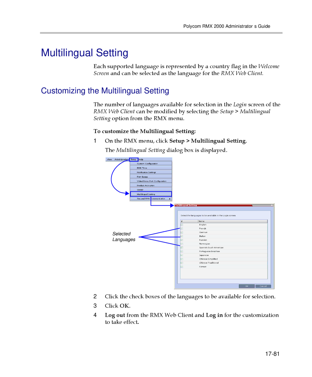 Polycom 2000/4000 manual Customizing the Multilingual Setting, To customize the Multilingual Setting, 17-81 