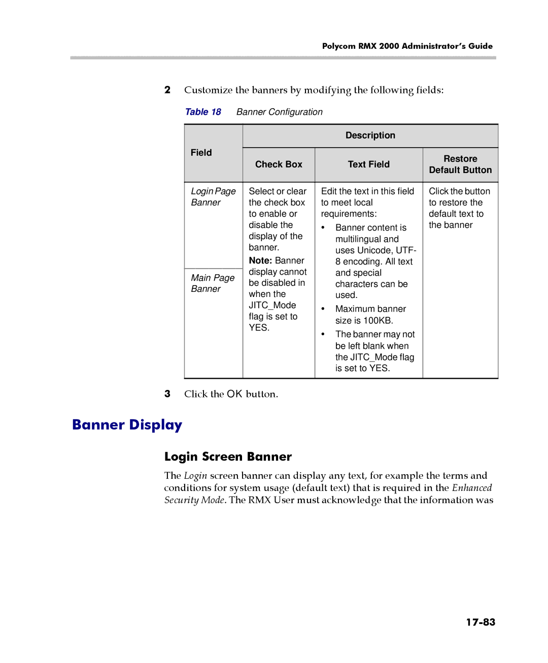 Polycom 2000/4000 Banner Display, Login Screen Banner, Customize the banners by modifying the following fields, 17-83 