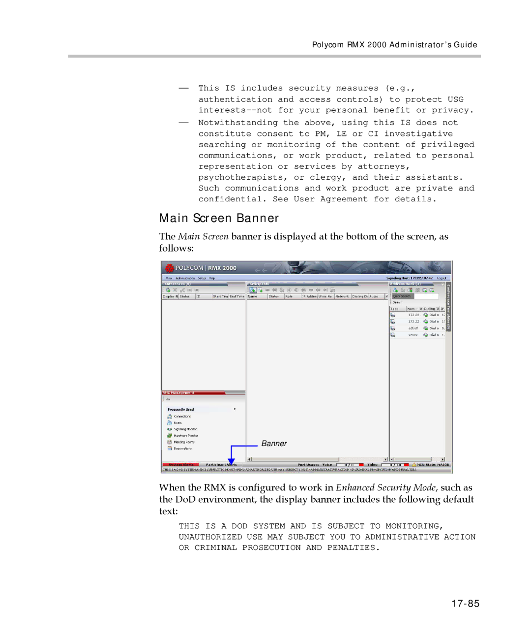 Polycom 2000/4000 manual Main Screen Banner, 17-85 